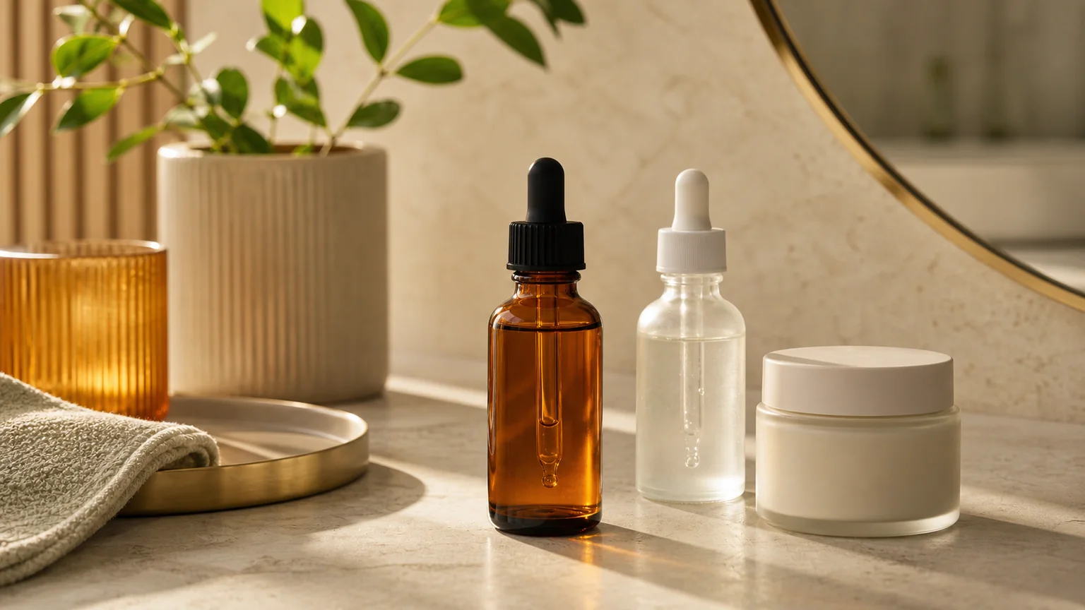 Sérum âmbar sem marca com creme e frasco claro para guia de vitamina C