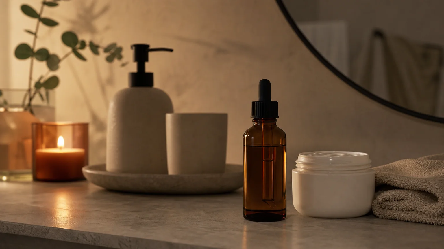 Rotina noturna com frasco de sérum sem marca e creme reparador