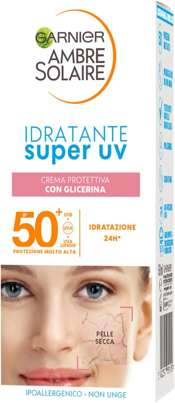 Garnier Creme facial hidratante Super UV para pele seca, SPF 50+ de rápida absorção com glicerina